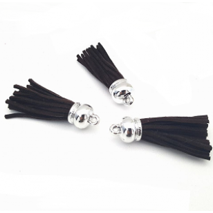 Kwast groot Suede 6.5 cm - lang - Donkerbruin zilveren kap