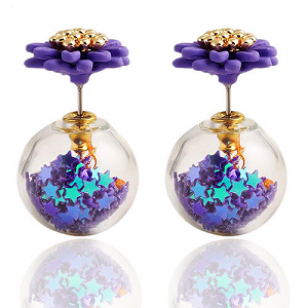 Dubbele Bloem oorbellen - Paars - Glitter ster