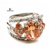 Ring bezet met  grote Zirkonia zalm-roze en Swarovski kristal #6
