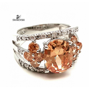 Ring bezet met  grote Zirkonia zalm-roze en Swarovski kristal #6
