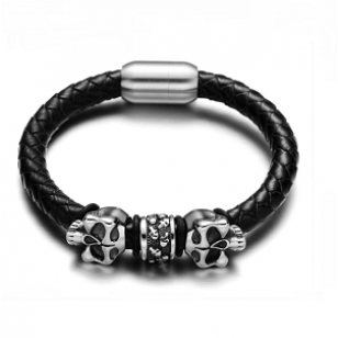 Lederen Heren-armband Skull- RVS